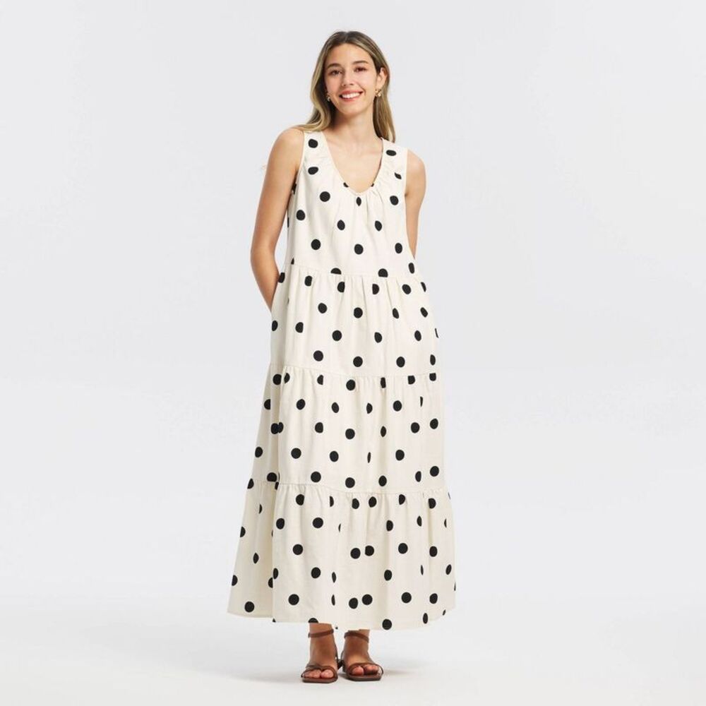 Women's Tiered Maxi Dress - A New Day Cream Polka Dots L